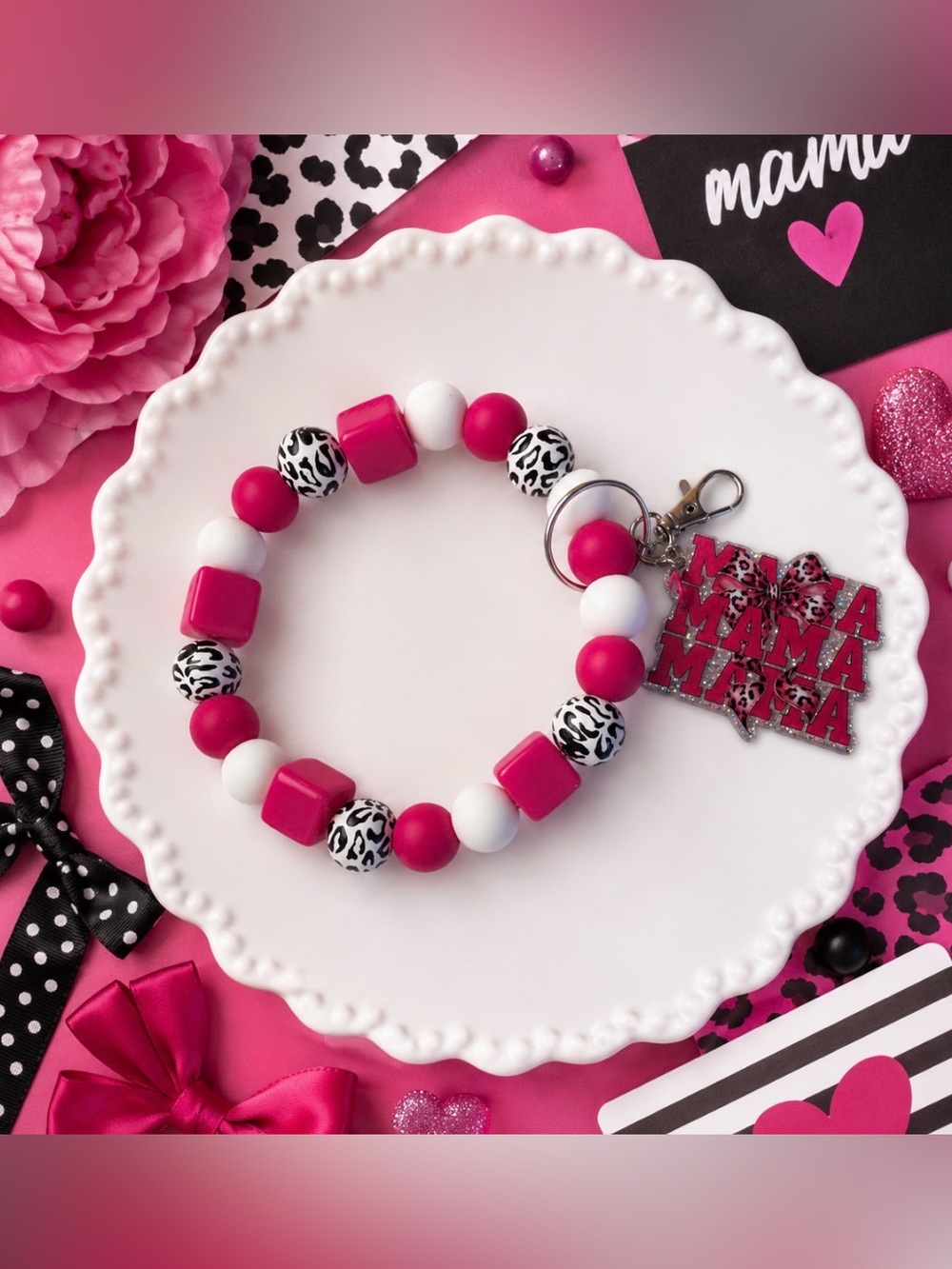 Hand Crafted Hot Pink, White & Leopard 'MAMA' Beaded Wristlet Keychain
